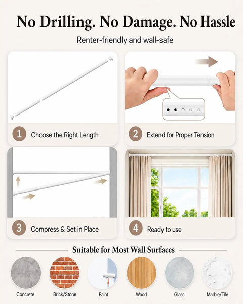 Installation guide for Heavy Duty No Drill Curtain Rod Tension Rod For Windows 66 To 120 Inches White Indoor Outdoor Use
