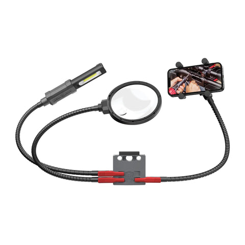 Hands Free Workbench Kit With Quick Connect Clamps And Smart Dock Rechargeable 180 Lumen Work Light Five Inch Magnifier And Cell Phone Holder