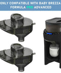 Two replacement funnels with covers for Baby Brezza Formula Pro Advanced (2-pack) and a black dispenser unit