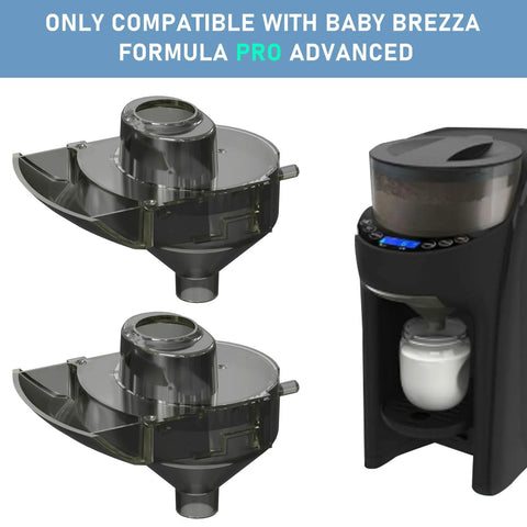 Two replacement funnels with covers for Baby Brezza Formula Pro Advanced (2-pack) and a black dispenser unit