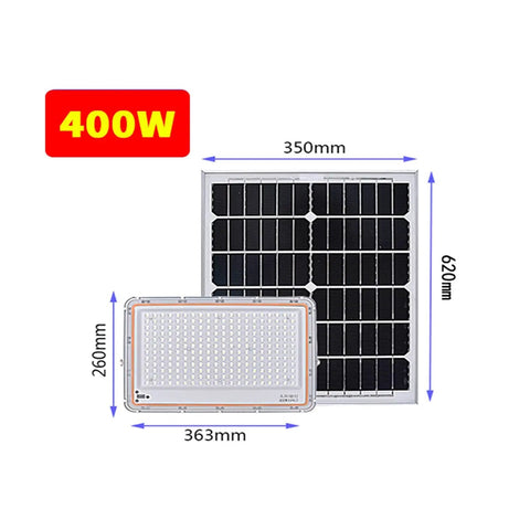 JUDYSSY Spot Lighting Solar Flood Lights Outdoor Remote Control Led Solar Powe, 400W, showing dimensions and solar panel layout.