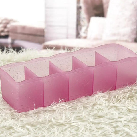 Solid Plastic Underwear Organizer Box With Five Grid Dividers For Closet Drawer Storage in sleek pink design.