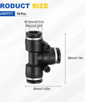 3-Way Push-To-Connect Tee Fittings 6mm Tube OD Plastic Pneumatic Connector Kit Black 10 Pack For Air Lines And Pneumatic Systems Quick Push Lock Tube To Tube Connection Easy Install shown with dimensions.