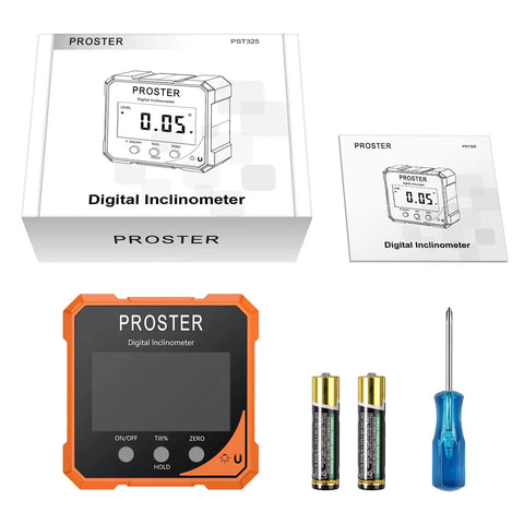 Heavy Duty Digital Angle Finder Torpedo Level Featuring A Dead On Magnetic Mount Plus Super Precise Zero To Ninety Degree Readings For Real Deal Carpentry And Gnarly Builds, kit with inclinometer, batteries, and screwdriver.
