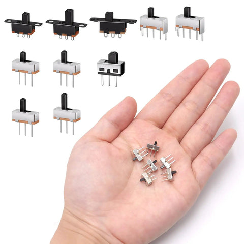 Slide Switch Kit 120 Pieces Micro Mini 3 Pin 2 Position 1P2T SPDT Toggle Switches For On Off DIY Projects in hand view