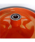 Built Tough 14 Inch Hella Durable Solid Rubber Caster Wheel For Heavy Duty Industrial Trolley and Mining Cart Replacement Knockout close-up of bearing and orange rubber.