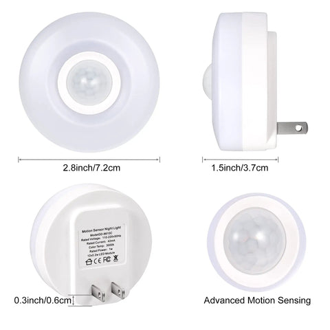 Motion Activated Plug In Night Light With Warm White LED 200 Lumen Ultra Bright Wall Nightlight Auto On Auto Off Sensor Energy Efficient Hallway Entryway Lighting 2 Pack showing dimensions and motion sensor