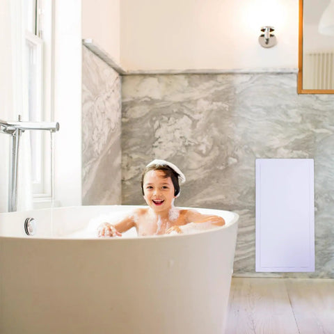 Child enjoying a bath next to Real Deal Plastic Drywall Access Panel 14 X 29 Inch With Concealed Hinge for easy access.