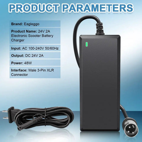 24V 2A 3 Pin XLR Electric Scooter Battery Charger For 24V Mobility Scooters AC 100 240V Input DC 24V 2A Output For Faster Charge LED Indicator Green For Charged Red For Charging Includes 3.9 Foot US Power Cord Short Circuit Protection