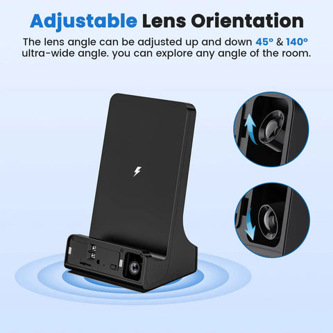 Adjustable lens orientation of the Stealth Mode Wireless Charger Packed With A Hidden 2K Spy Camera for various viewing angles.