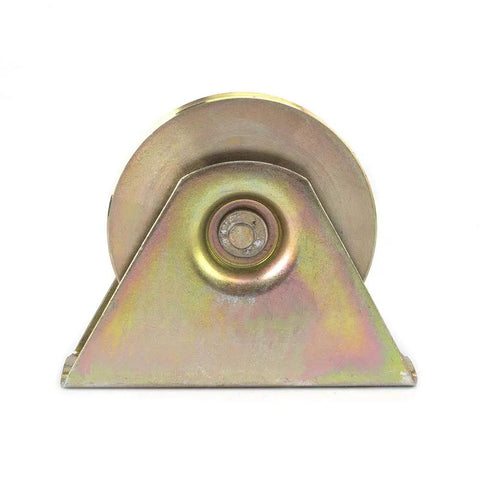 Heavy Duty Rock Solid 4 Inch Gold V Groove Wheel For Sliding Industrial Gate Tracks and Service Carts with smooth finish and robust design.