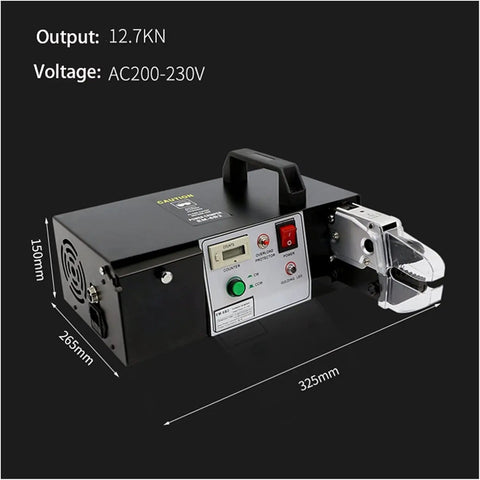 Top Shelf Electric Crimping Pliers With Integrated Wire Stripper And Cutter 90 Watt Terminal Press Tool For Recycling Copper Cable displayed side view with controls.