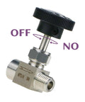 Side view: Napredak gas needle valve, stainless steel, 1/4 NPT female x 1/4 NPT male, with black knob