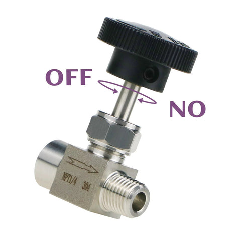 Side view: Napredak gas needle valve, stainless steel, 1/4 NPT female x 1/4 NPT male, with black knob