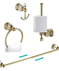 Gold Crystal Bathroom Accessories 4 Piece Set With Towel Bar Adjustable From 18.5 To 30.8 Inches, Toilet Paper Holder, Towel Ring, Coat Hooks, Crystal Ball Base, Wall Mounted For A Sleek Shiny Luxe Look