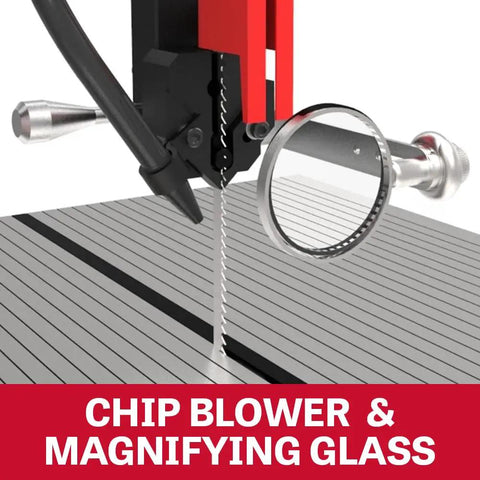 26-Inch EVS Vertical Bandsaw With 3 HP, 230/460V 3-Phase, chip blower and magnifying glass feature on precision articulating table