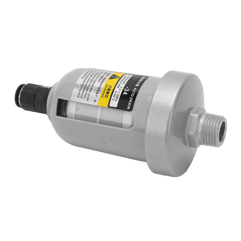 Close-up of Automatic Drain Valve for Air Systems with translucent filter and floating ball valve, aluminum cap, side view