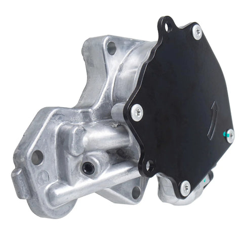 Front view of brake vacuum pump with silver aluminum housing and black mounting plate.
