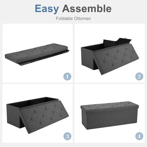 43 Inch Storage Ottoman Bench with padded gray seat in assembly steps, showing hidden chest and sturdy MDF frame for bedroom or living room.