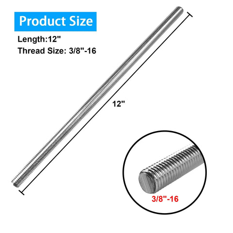 4 Pcs 3/8-16 Fully Threaded Rods 12 Inch Long 304 Stainless Steel Right Hand Threads Heavy Duty Threaded Rods For Assembly Fastening