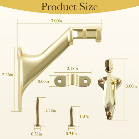 Straight Up Heavy Duty Bright Brass Handrail Brackets For Indoor Staircase Built Different Zinc Alloy Wall Mount Support Rustproof Corrosion Resistant Hardware 3 Pack size dimensions with measurements