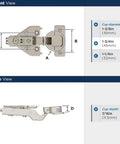 Heavy Duty Full Overlay Soft Closing Euro Concealed Cabinet Hinges Face Frame Mounted dimensions and specifications from front and top views.