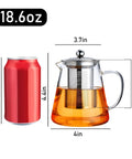 Stovetop Safe Glass Teapot 550ml with Removable Stainless Steel Infuser, shown next to a can for scale, borosilicate glass