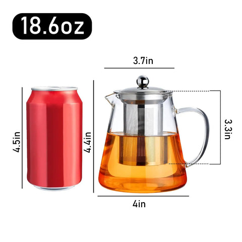 Stovetop Safe Glass Teapot 550ml with Removable Stainless Steel Infuser, shown next to a can for scale, borosilicate glass
