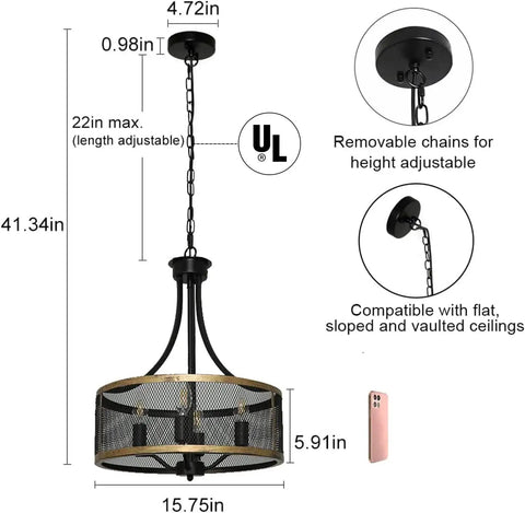 Four Light Industrial Pendant Lighting With Black Square Frame Rustic Farmhouse Chandelier For Dining Room And Kitchen Island Adjustable Height E26 Bulbs Not Included, dimensions and chain detail visible