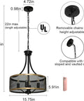 Black Round Pendant Light Fixture 18 Inch Industrial Metal Drum Cage Chandelier For Dining Room Kitchen Living Room Bedroom Hallway Dope Farmhouse Style Hanging Light E26 Bulbs Not Included, showing dimensions and adjustable chain.