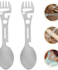 Two Piece Outdoor Spork And Fork Set Made Of Stainless Steel Reusable Flatware With Built In Bottle Opener For Travel Hiking Picnics