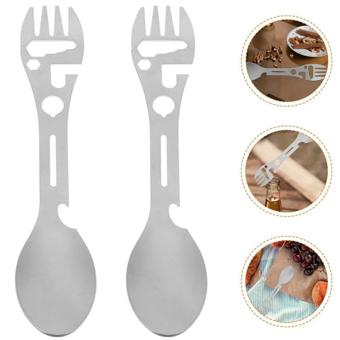 Two Piece Outdoor Spork And Fork Set Made Of Stainless Steel Reusable Flatware With Built In Bottle Opener For Travel Hiking Picnics