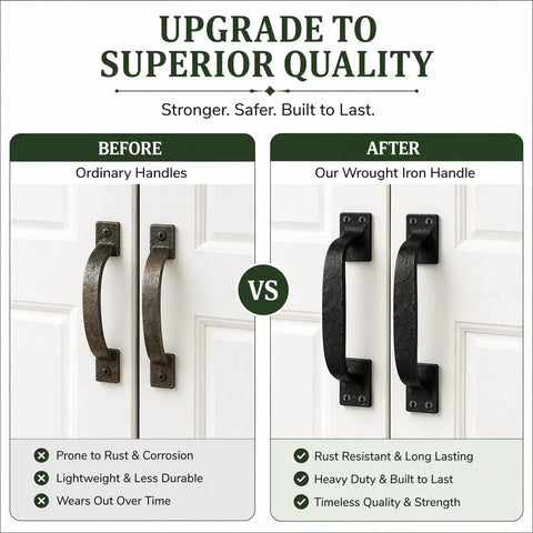 Comparison image showing before and after of Dang Sturdy Six Inch Black Wrought Iron Cup Bin Pull Cabinet Handles upgrade.