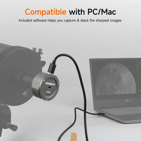 Dope Planetary Telescope Camera With 1.45μm IMX715 Sensor Delivers 4K Detail setup showing PC/Mac compatibility with telescope