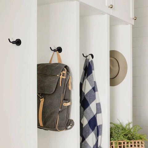 Oil Rubbed Bronze Towel Hooks Stainless Steel SUS 304 Heavy Duty Wall Robe Hooks For Bathroom 1 Pack Anti Fingerprint Waterproof Rust Proof Easy Install No Fuss holding a bag and scarf