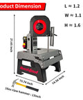 Shop Tough 5 Inch Metal Band Saw Featuring A Rock Solid 1.5 Hp Motor And Smooth Variable Speed Control For Seamless Cuts and Heavy Duty Benchtop Metal Fabrication dimensions displayed with measurements.