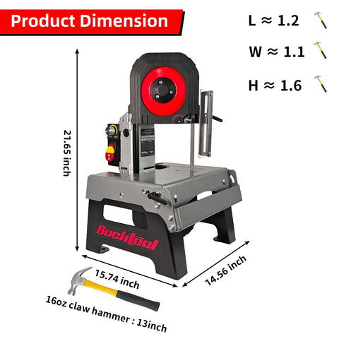 Shop Tough 5 Inch Metal Band Saw Featuring A Rock Solid 1.5 Hp Motor And Smooth Variable Speed Control For Seamless Cuts and Heavy Duty Benchtop Metal Fabrication dimensions displayed with measurements.