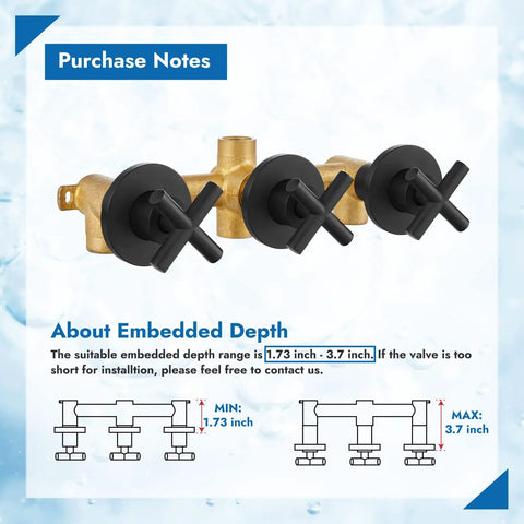 Three-Handle Tub And Shower Faucet Set Brass Mixer Valve Polished Chrome Finish depth diagram with black cross handles