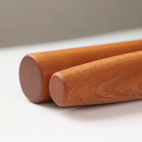 Close-up of Solid Sapele Wood Dowel Rolling Pin For Baking With Tapered Design Boss For Fondant, 17.5 inch hardwood kitchen roller