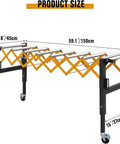 Heavy Duty Adjustable Roller Conveyor Stand With 18 Inch Wide Belt And Locking Swivel Casters dimensions showing height and length measurements.