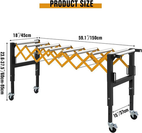 Heavy Duty Adjustable Roller Conveyor Stand With 18 Inch Wide Belt And Locking Swivel Casters dimensions showing height and length measurements.