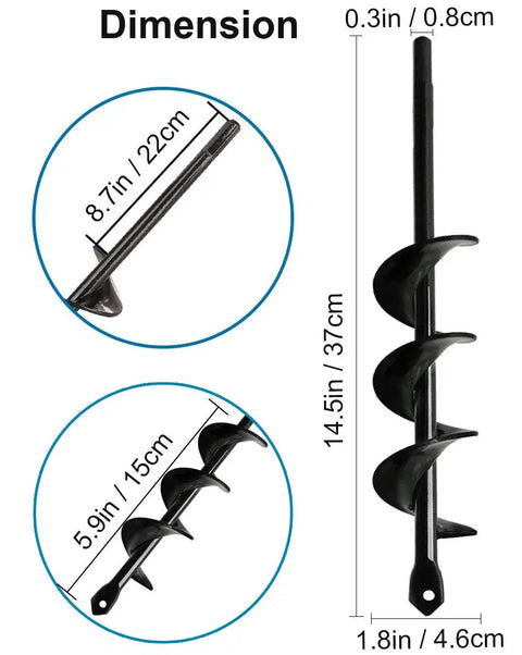 Garden Auger Drill Bit For Bulbs And Bedding Plants, 1.8 By 15 Inch, Three Eighths Inch Hex Drive Earth Digger showing dimensions