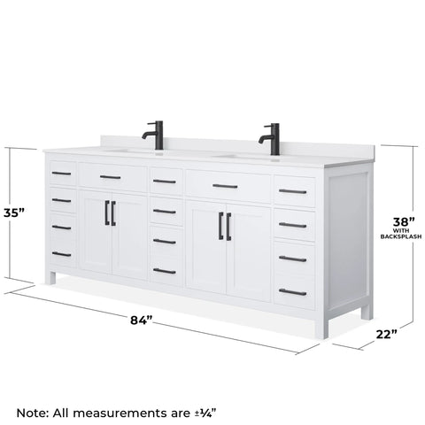 Killer 84 Inch Double Bathroom Vanity In White With Hella Smooth Cultured Marble Countertop And Undermount Square Sinks Paired With Sleek Matte Black Hardware, side view with dimensions.