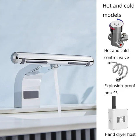 Eoweiot 1150W Hand Dryer with Sensor Faucet showing hot and cold control faucet with induction technology and water flow.