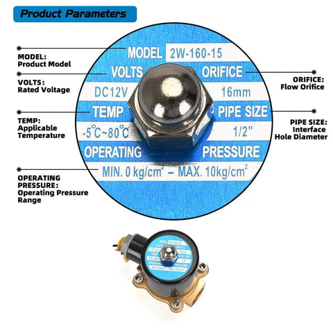 Brass 12V DC Solenoid Valve One Half Inch Normally Closed Pneumatic Valve For Water Air Gas Fuel Oil, product parameters diagram