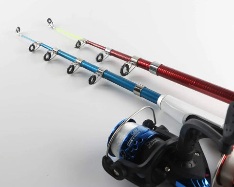 Close-up of Beginner Friendly Fishing Rod And Reel Combo Kit with two telescopic poles and spinning reels on a white background.