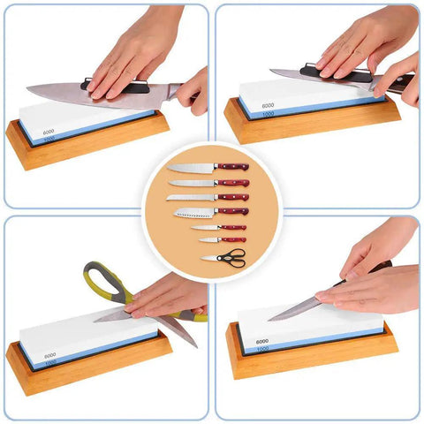 Two Sided 1000 And 6000 Grit Whetstone Knife Sharpener Kit with non-slip bamboo base and angle guide for sharpening various tools