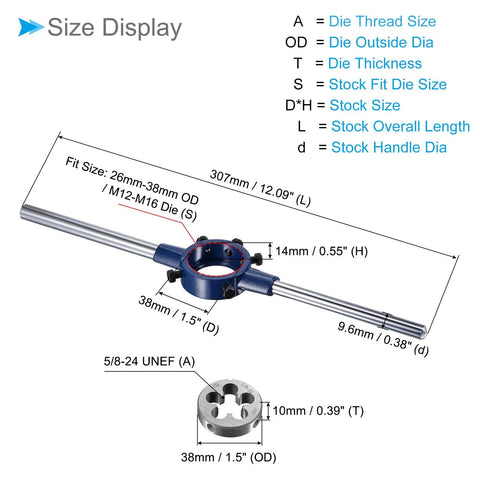 Pro Grade Die Stock Handle Set With 5/8-24 UNEF Die And 26-38mm OD Fit M12-M16 Die Wrench Tool Kit size display diagram