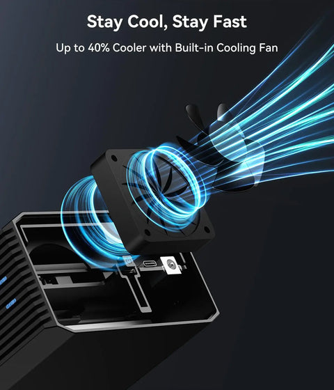 Dual Bay Raid Enclosure For 2.5 And 3.5 In Sata Hdd Ssd Aluminum External Dock With Fast Usb 3.0 Port showing built-in cooling fan features.
