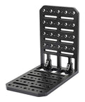 Rock Solid L Shape Cheese Plate Expansion Bracket For Camera Cage With Heavy Duty Quarter Inch And Three Eighth Screw Threads Anodized Aluminum Vertical Extension Platform Pro Rig Gear Built Different, showing black anodized aluminum with multiple mounting holes.